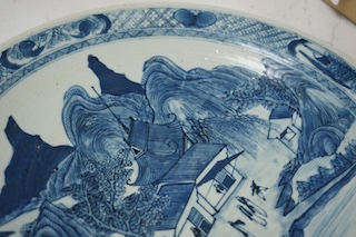 A 19th century Chinese blue and white dish, 37.5cm diameter. Condition - some glazing pitting in manufacture